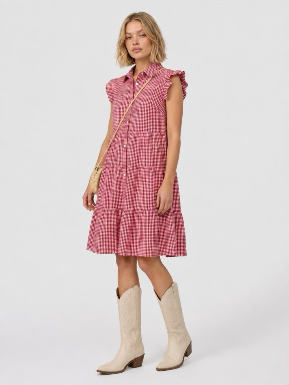 Monteau Los Angeles Ruffled Sleeve Red Gingham Shirt Dress Coastal Cowgirl